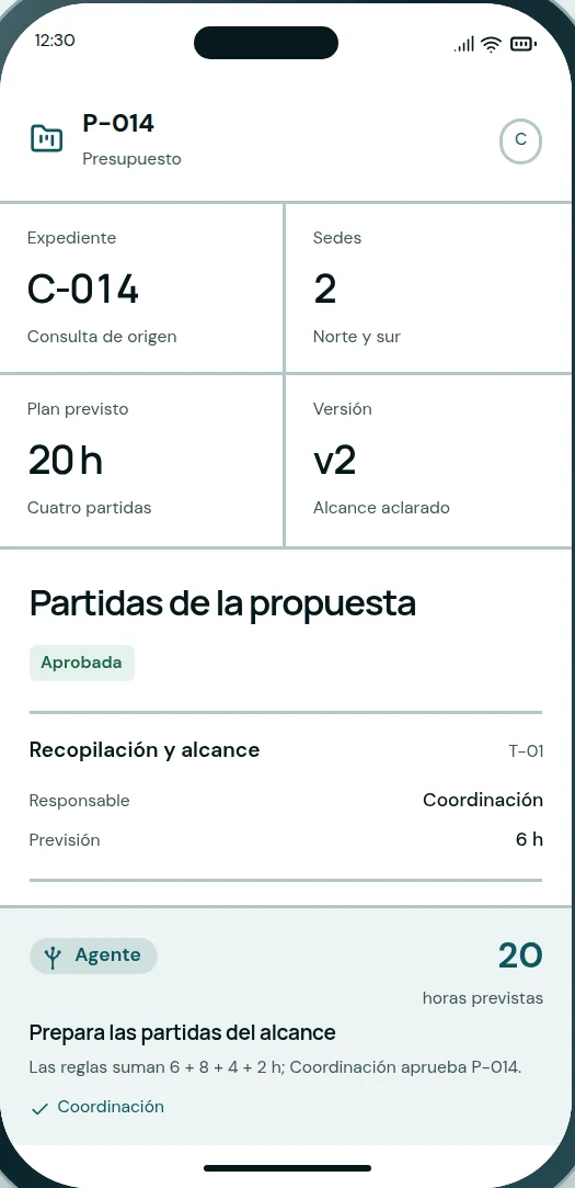 La misma operación en el teléfono